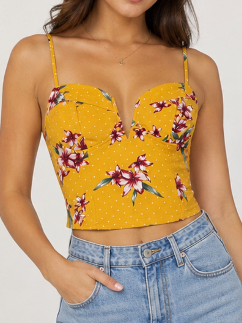GUESS Floral Bustier Crop Top Yellow XL